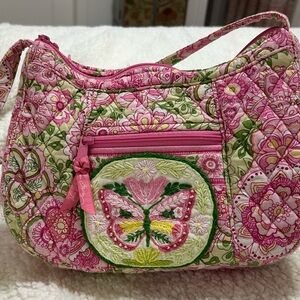 Vera Bradley Upcycled Pink and Green bag with hand embroidered Butterfly patch
